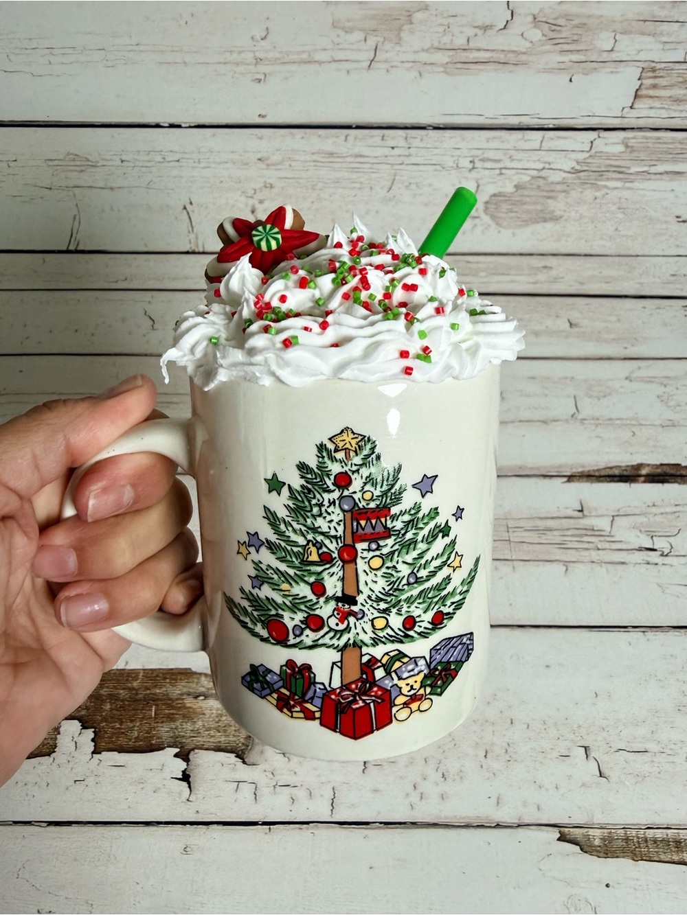 Faux hot cocoa mug. Handmade. CeramicMug in White with Festive Design